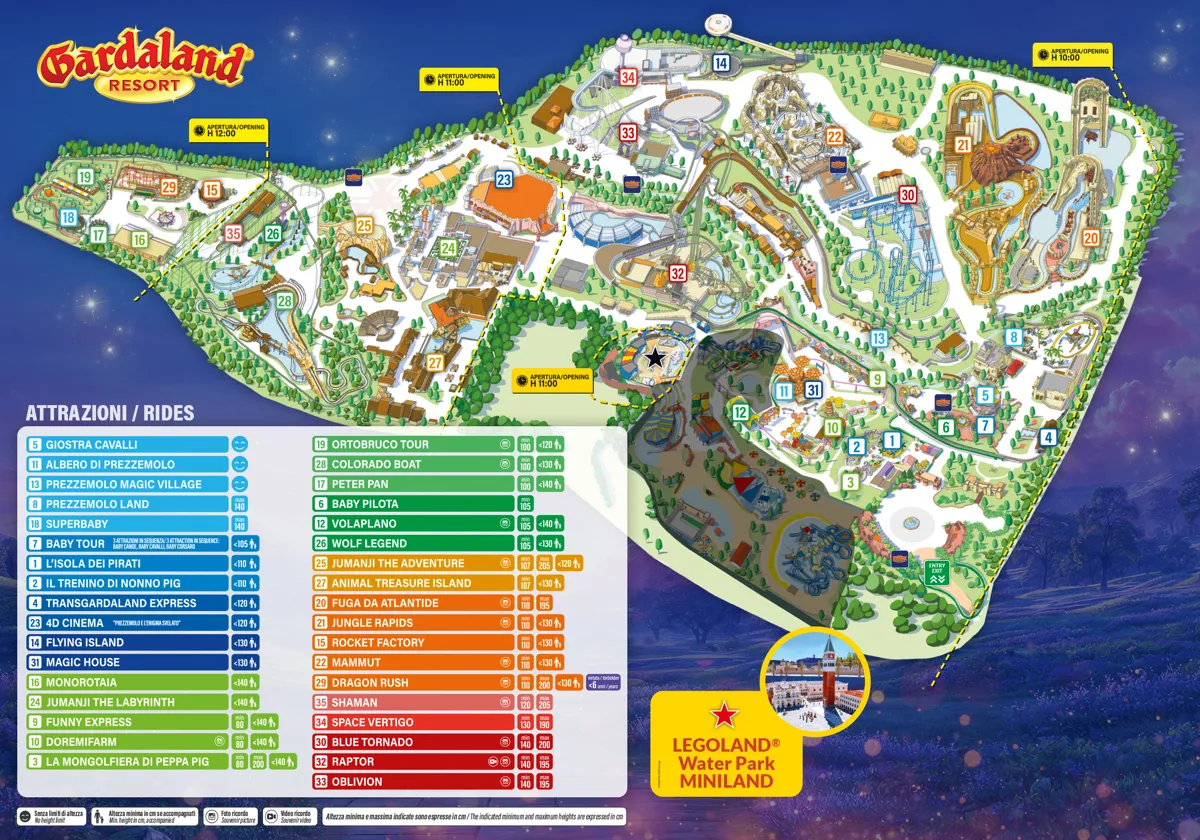 Mappa ufficiale di Gardaland Resort con tutte le attrazioni e aree tematiche